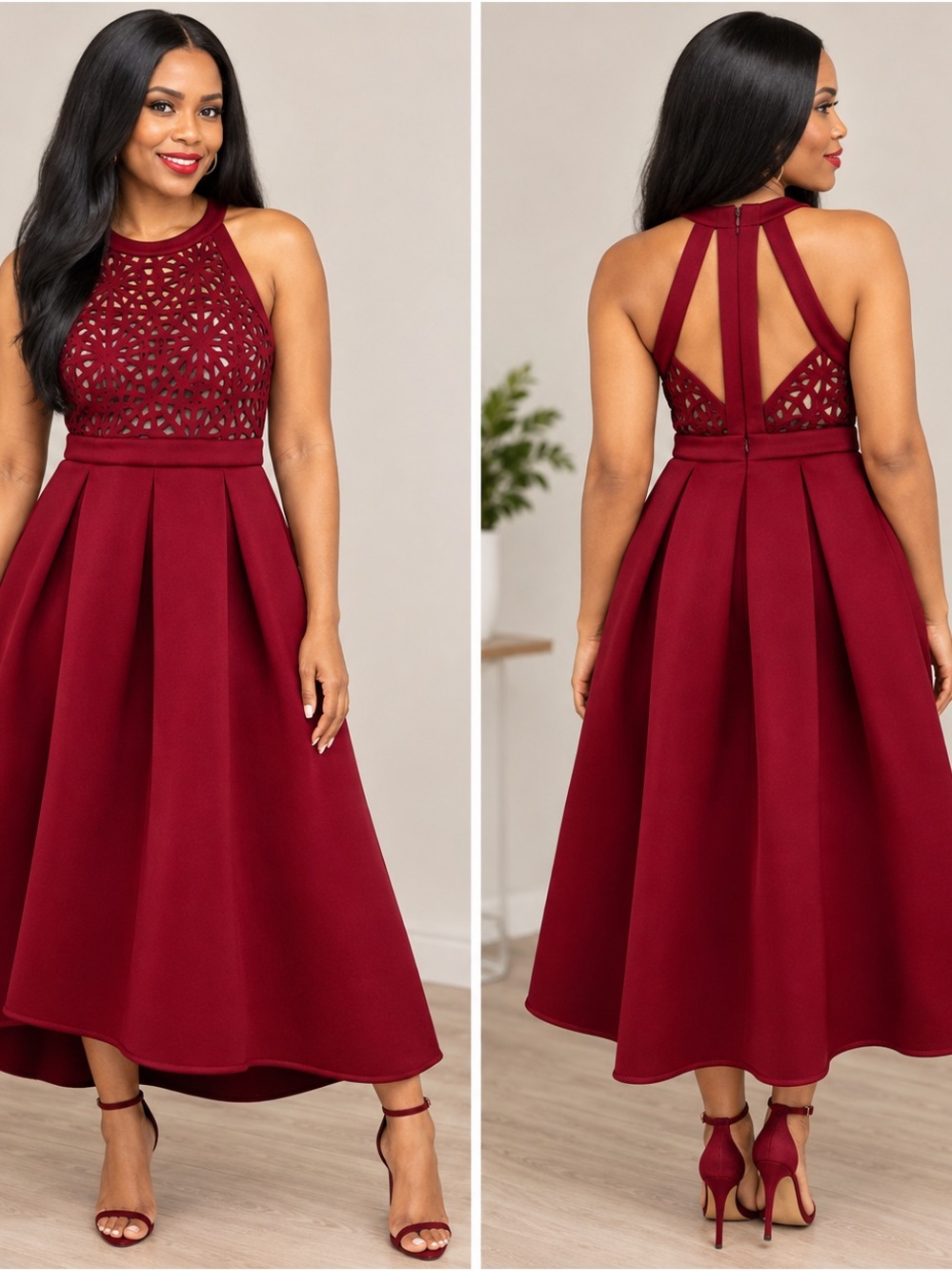ASOS Burgundy Laser-Cut High-Low Midi Dress